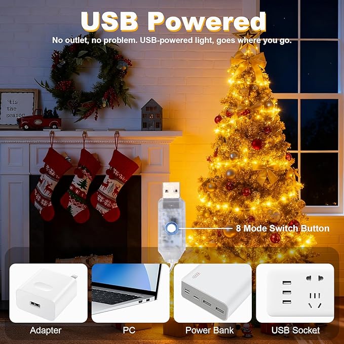 Lemical Fairy Lights 65.6FT 200 LED USB Plug in Twinkle String Lights with Remote and Timer 8 Modes Waterproof Copper Wire Starry Light for Christmas Mason Jars DIY Wedding Table Decor(Warm White)