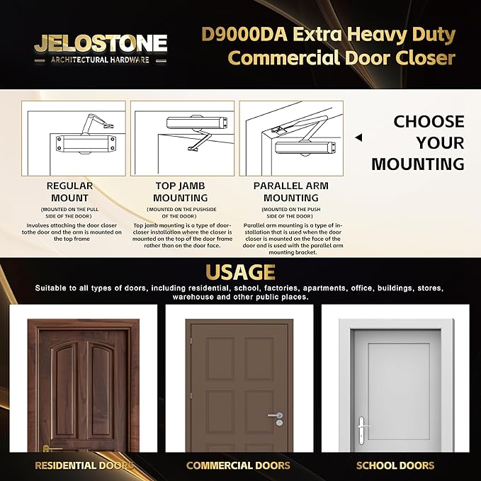 Extra Heavy Duty Commercial Door Closer, D9000DA for Doors (Max 330LBS), Delayed Action Automatic Door Closer, Adjustable 6 Speed Spring Door Closer, UL Listed Grade 1 ADA, Dark Bronze