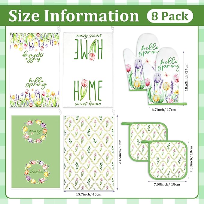 8 Pcs Tulip Floral Spring Style Kitchen Towels and Oven Mitts and Pot Holders Sets 4 Dish Towels 2 Absorbent Square Potholders 2 Heat Resistant Glove for Cooking Baking Home Gifting ﻿