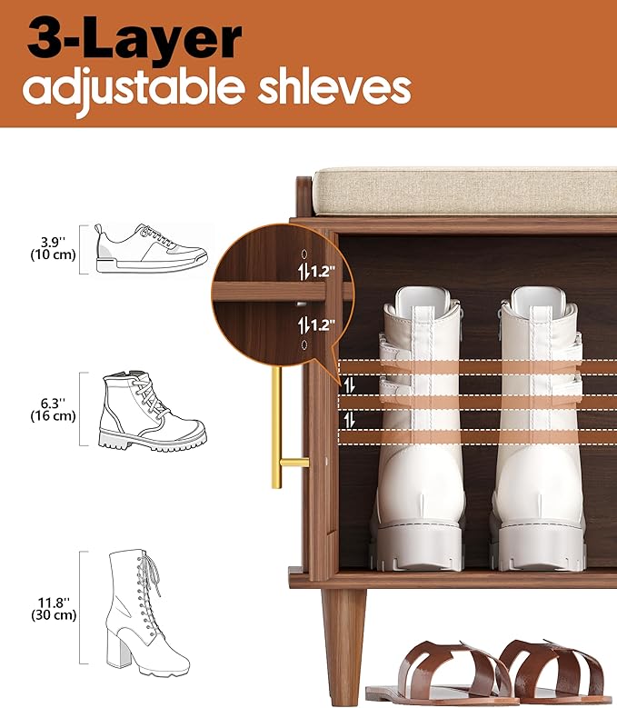 Rattan Shoe Storage Bench with Cushion, 2-Tier Entryway Bench with Adjustable Shelves and 2 Doors, 15" D x 39.4" W x 20" H, Solid Wood Legs, for Hallway, Living Room, Bedroom, Walnut