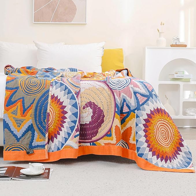 Queen Boho Throw Blanket for Bed 100% Cotton Ultra Soft Rustic Cozy Muslin Quilt Farmhouse Decor Bed Blanket,80"×90" All Season Rustic Throw for Sofa Couch,Colourful Sun