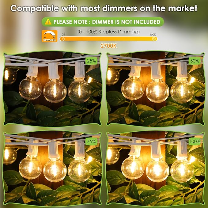 Mlambert 200Ft(2x100Ft) LED Outdoor String Lights, Dimmable G40 Globe Patio Lights with 100+5 2700K Waterproof Bulbs for Balcony-White Cord 2 Pack