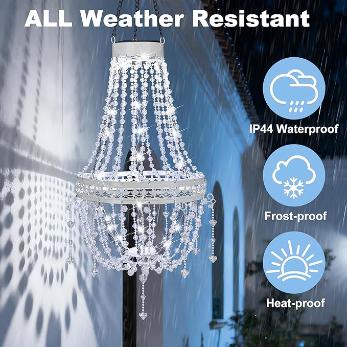 Hanging Solar Lantern Outdoor Chandelier, Waterproof Modern Crystal Acrylic Pendant Light with Cool White LED S Hook Gifts for Women Garden Decor Light for Gazebo, Patio, Yard, Party, Wedding