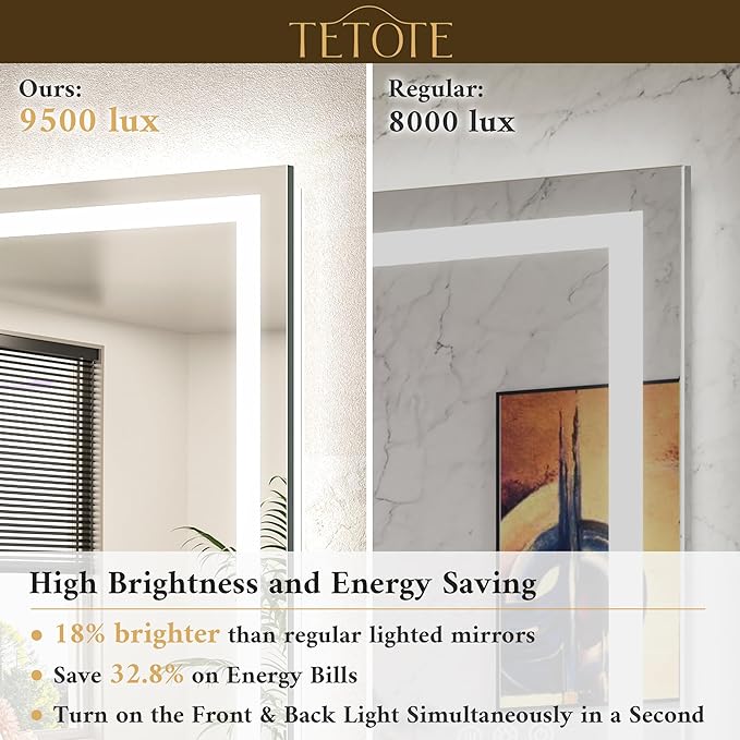 TETOTE LED Bathroom Mirror with Brighter Lights 32 x 36 LED Lighted Vanity Mirror with Frontlit and Backlit, 3-Color Dimmable Illuminated Anti Fog Light up Mirror for Bathroom Wall, Tempered Glass