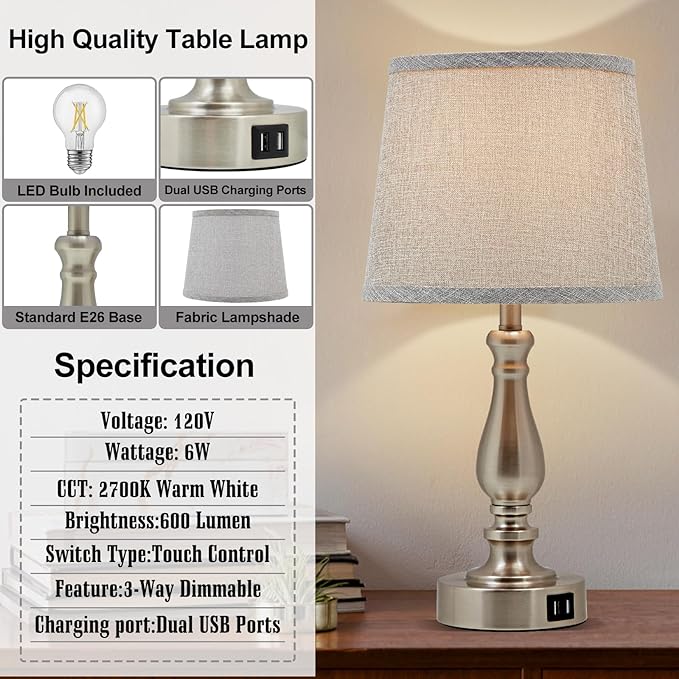 Table Lamps for Bedroom Set of 2,Dimmable Touch Bedside Lamps with Dual USB A+C Ports - Nightstand Lamp for End Table Modern Night Stand Lamps for Living Room Guest Room