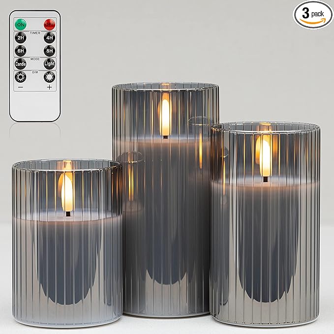 ANGELLOONG Gray Flameless Candles with Remote, Battery Operated Candles with Timer, LED Candle Flickering Pillar, Fake Electric Candles for Home Bathroom Shelf Decor, Set of 3