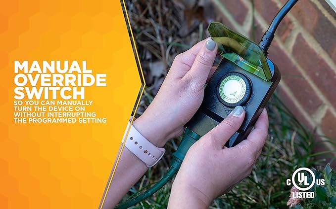 Southwire Woods Outdoor 24-Hour Plug-In Mechanical Timer - Energy-Saving Convenience - Dual Grounded Outlets - Programmable Daily Settings - Weatherproof Design - 6-Inch Cord - Black