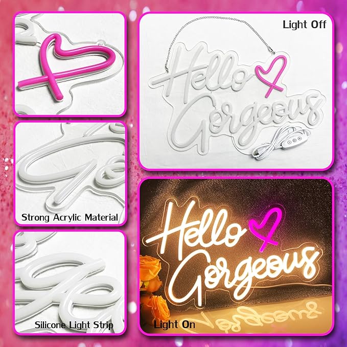 Hello Gorgeous Neon LED Neon for walls Warm White neon lights for bachelorette parties Birthday Engagement parties Wedding decorations with switch 16.5 "X 11"