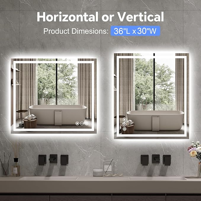 LED Bathroom Mirror 36x30 Inch Anti-Fog Bathroom Mirror with Lights, Wall Mounted Lighted Vanity Mirrors, Dimmable, Backlit + Front Lit, Smart Bathroom Vanity Mirror with 3 Colors Temperature