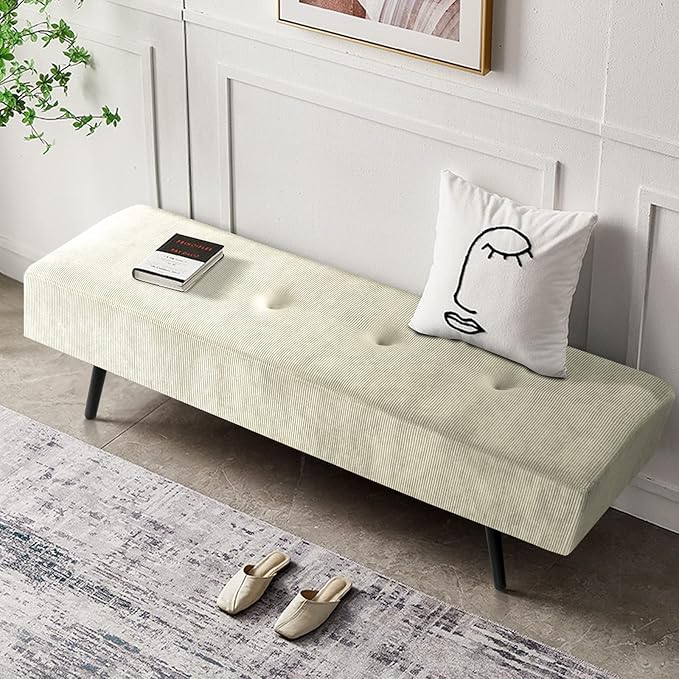 Entryway Bench - Beige Bench for Bedroom, Modern Ottoman End of Bed, Corduroy Padded Benches for Living Room, Foyer, Mudroom, Hallway - 39" L x 14" W x 17" H