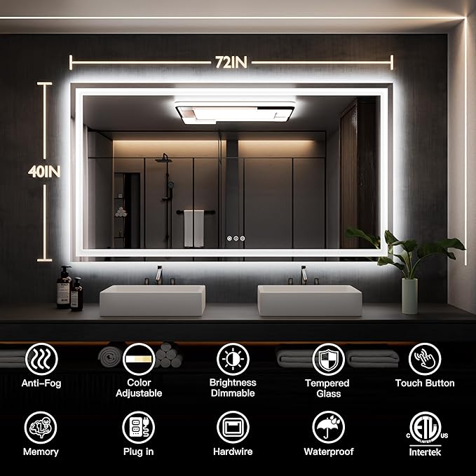 ISKM 72'' x 40'' LED Mirror for Bathroom Lighted Vanity Mirror for Wall Front Lights + Backlit LED Bathroom Mirror Anti-Fog Tempered Glass ETL Listed