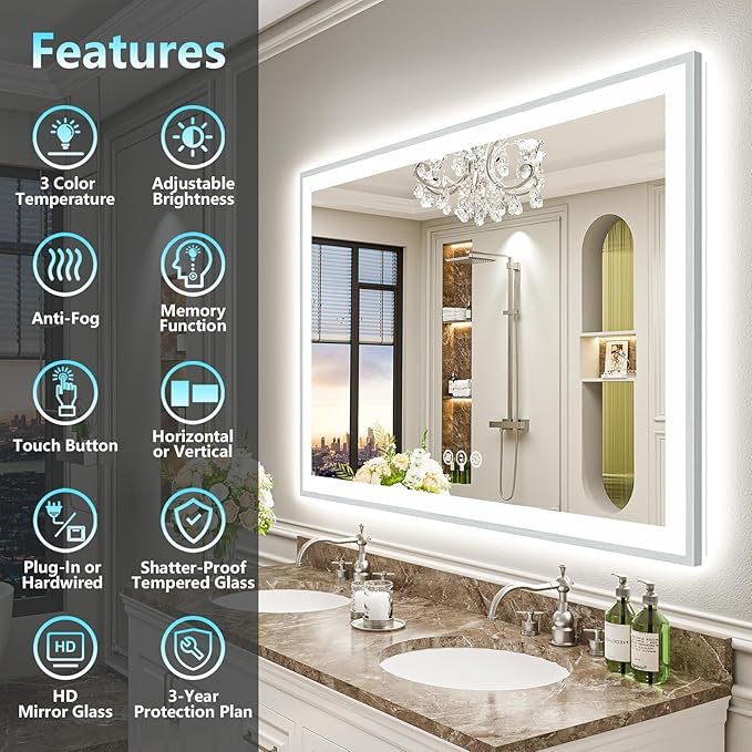 55x36 Brushed Nickel LED Bathroom Mirror with Lights, Sliver Framed Backlit and Front Lit Anti-Fog Lighted Vanity Mirrors for Bathroom Wall, Dimmable, 3 Colors, Memory, Tempered Glass, CRI＞90