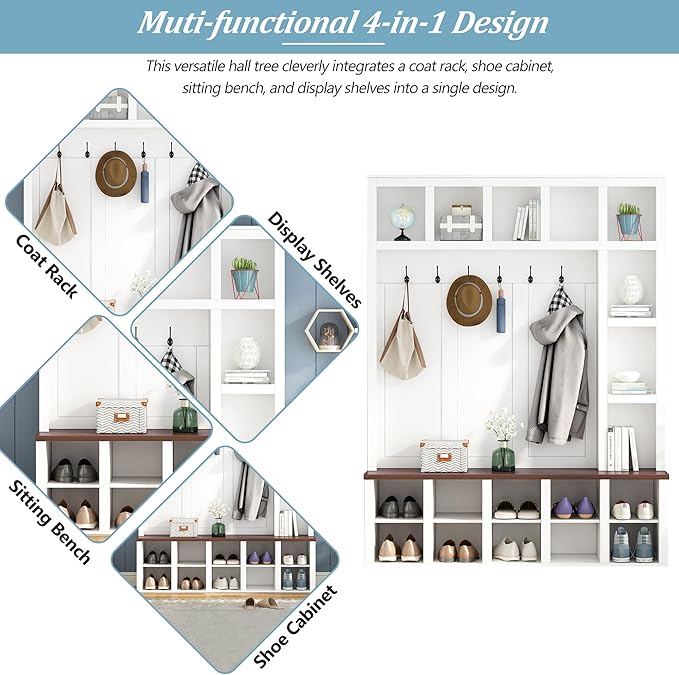 Farmhouse Style Hall Tree with 6 Hooks, Practical Walnut Storage Bench with Adjustable Shelves, Wooden 4-in-1 Entryway Shoe Cabinet with 13 Cubbies for Mudroom, Living Room (White+Walnut-8)
