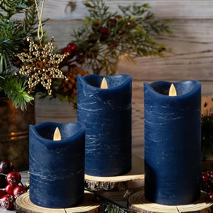 Real Wax Flameless Candles Set of 3 (D 3" x H 4" 5" 6") Battery Operated LED Candle with Timer Home Decorative Pillar Flickering Lights,Wedding Party Events Decor,Navy Blue