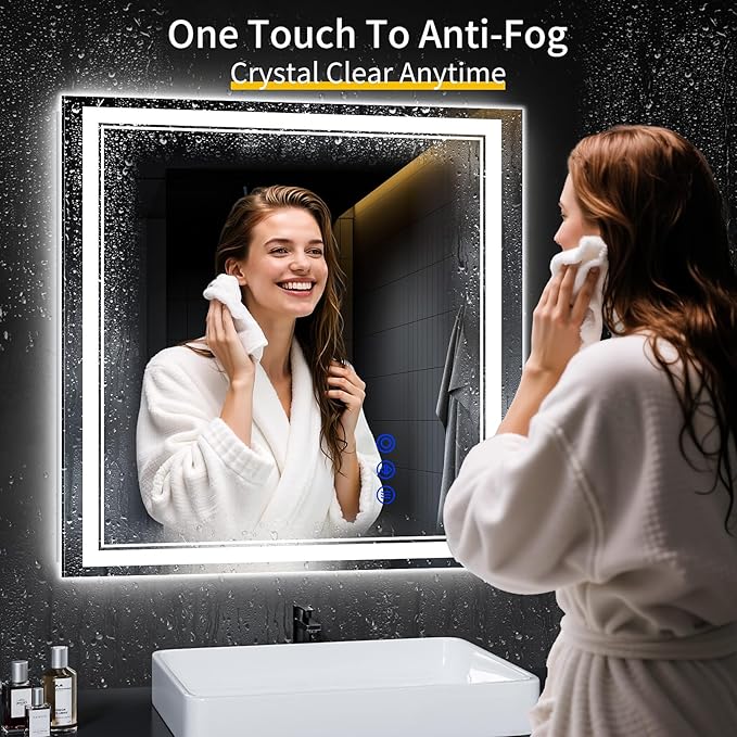 30"x30" LED Bathroom Mirror with Anti-Fog, Stepless Dimmable Lights, 3 Color Modes, Shatter-Proof Tempered Glass,Waterproof Design
