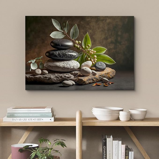 wall26 Canvas Print Wall Art Zen Massage Stone Pebble Bamboo Leaf Nature Wilderness Photography Realism Modern Art Decorative Multicolor Rustic Minimal Relax/Calm/Cozy Colorful for Bedroom - 32"x48"