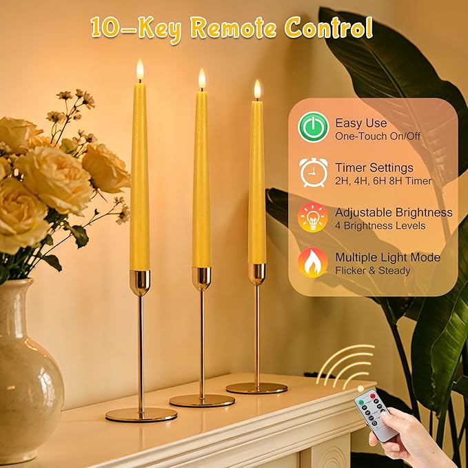 Yellow Flameless Taper Candles with Remote, 9.6 Inches Real Wax Battery Operated Candles, 3 Pack Flickering LED Candlesticks, Tall Taper Fake Candles for Home, Wedding, Party