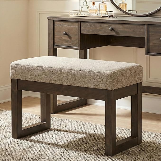 SIMPLIHOME Milltown Small Ottoman Bench - 27 inch Wide Upholstered Tweed Look Fabric Rectangle Footstool Ottoman in Platinum, Contemporary Bench for Bedroom or Entryway with Cushioned Seat, Assembled