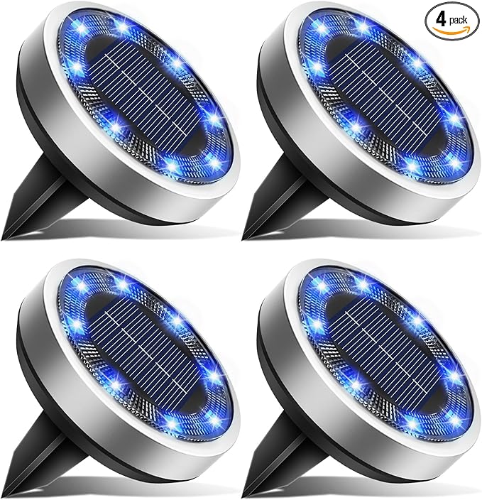 btfarm 4 Pack Solar Lights Outdoor, 8 LED Solar Ground Lights IP65 Waterproof Flat Solar Disc Light, Pathway Lights for Garden Lawn Patio Yard Path Landscape, Blue