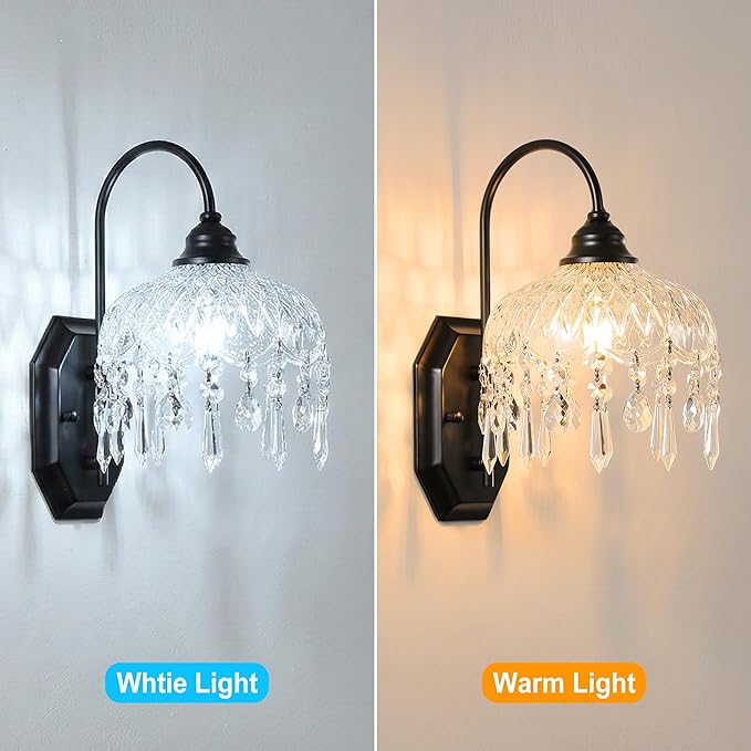 2-Pack Vintage Glass Crystal Wall Sconce, Matte Brushed Antique Black Finish, for Bedroom Bathroom Hallway Living Room