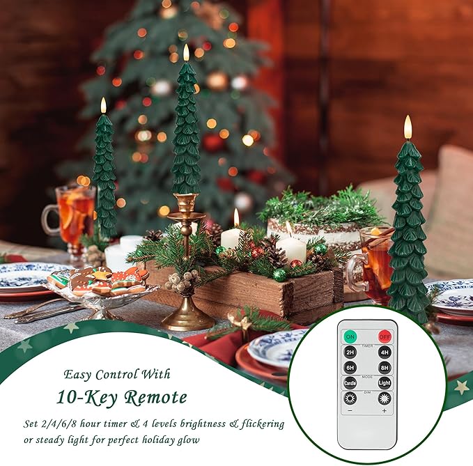 Christmas Tree Candles with Remote, 4 Pack Green Flameless Taper Candles Battery Operated, Real Wax 9.6 Inch Flickering Led Christmas Tree Candlesticks Decorations for Winter Home Holiday Xmas Gift