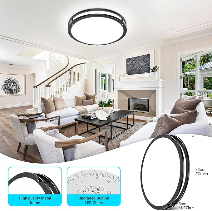 libtit 2Pack 13 Inch LED Ceiling Lights with Remote for Bedroom Kitchen, 24W 2400lm Super Bright & Dimmable Flush Mount Light Fixtures, 2700K-6500K Adjustable Modern Lamps with Timer, Black