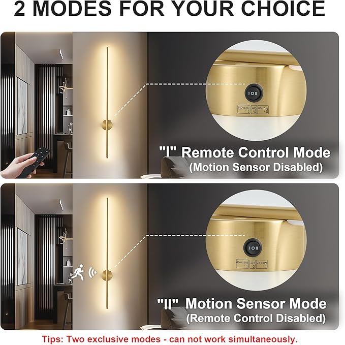 Motion Sensor Battery Operated Wall Sconce Set of Two - Modern Rechargeable Wireless Wall Lights with Remote Control, Dimmable, 3000K/4000K/6000K, Timer for Living Room, Hallway, Brass, 39.3 Inch