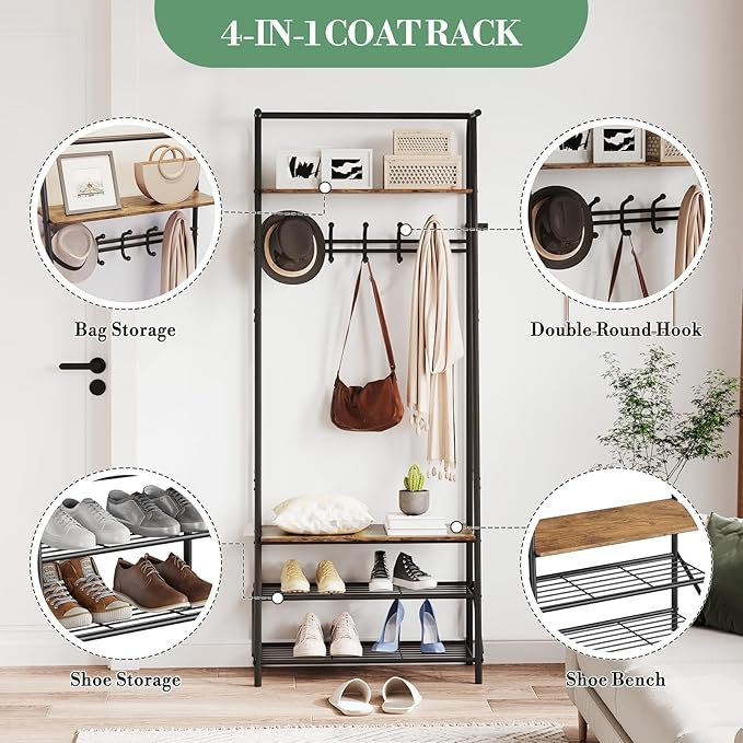 25" Coat Rack Hall Tree with Hooks, 4-Tier Shelf Entryway Storage Hall Tree Freestanding Metal Frame Multifunctional Hallway Organizer, Accent Furniture for Bathroom, Shoe Bench Entryway