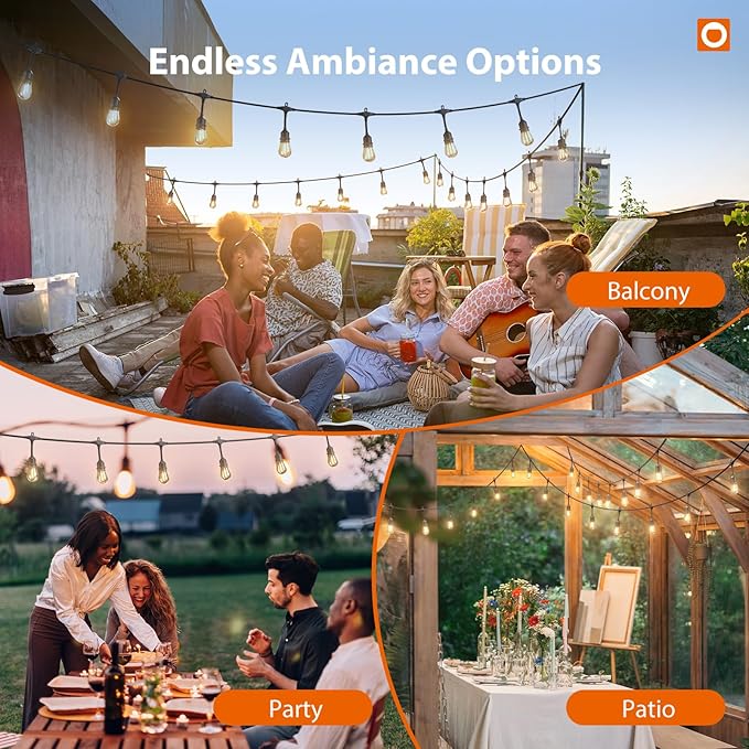 addlon 100FT Outdoor String Lights LED with Remote Dimmable Patio Lights Waterproof Shatterproof with 50 Edison Bulbs for Outside Backyard Porch Garden Bistro Pergola Party Decor, Warm Lighting