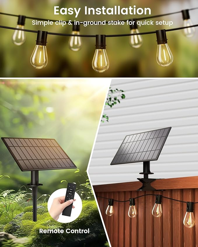 Torkase 60FT Solar Outdoor String Lights, 18+1 Shatterproof LED Bulbs, Waterproof, USB Rechargeable, 2200K Warm White, Energy-Saving Hanging Patio Lights for Garden, Porch, Bistro, Deck, Camping
