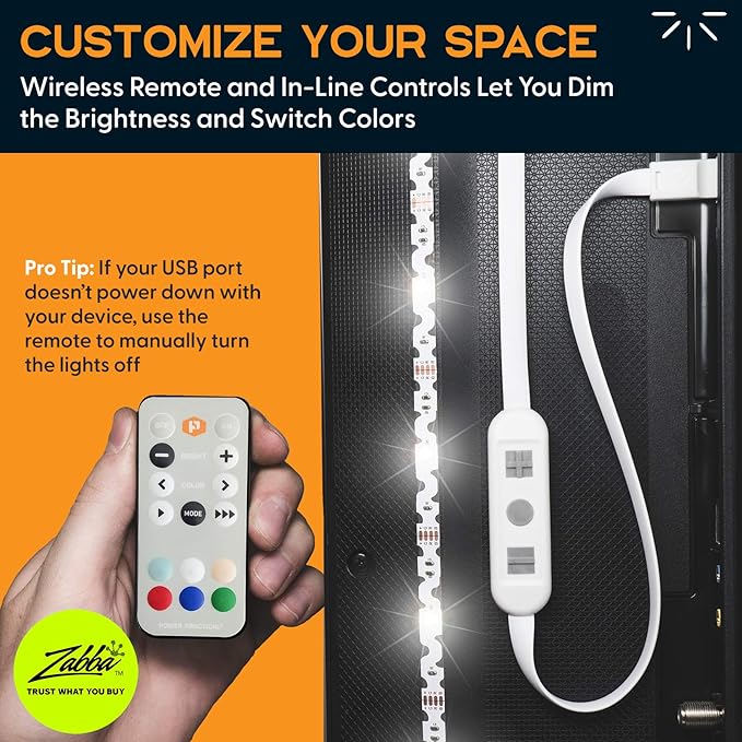 Power Practical LED Lights for TV in Living Room or Bedroom, Luminoodle Backlight, USB Powered Strips w/Remote for 15 Ambient Color Bias Lighting Options & 10 Brightness Modes, Size (60"-80" TV)