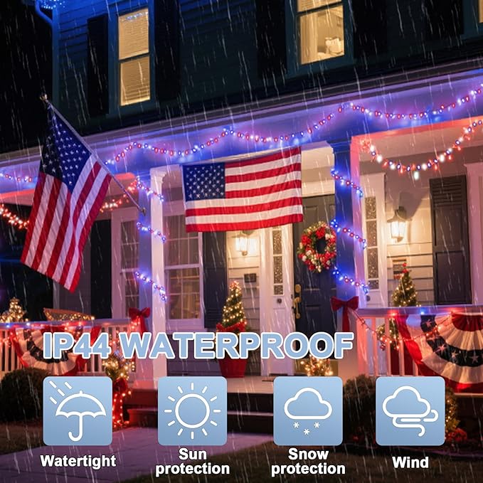 LAMPHOME 99ft 300LED Red White and Blue Patriotic String Lights, 16 Modes Red White Blue LED Lights Plug in, 4th of July Lights Outdoor for Independence Day Memorial Day Patriotic Window Decor