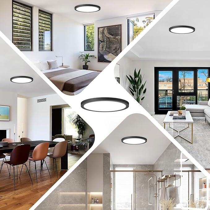 12Inch Flush Mount LED Ceiling Light Fixture Black, 28W 3200Lm Dimmable Modern Recessed Ceiling Lamp, 5000K Daylight White Round Low Profile Ceiling Light for Kitchen Closet Bedroom Hallway, 6-Pack