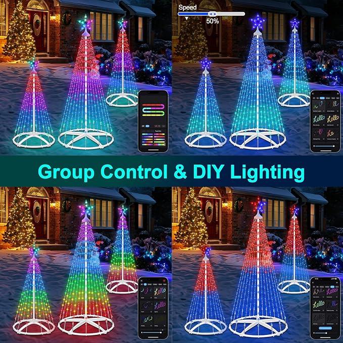 3 Pack Smart Christmas Cone Tree Lights App Controlled, 4FT 5FT 6FT RGB Color Changing Christmas Trees Music Sync, Goup Control, Magical Xmas Tree Lightshow for Yard Indoor Outdoor Christmas Decor