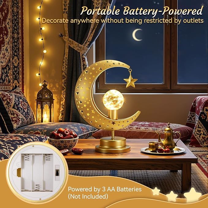 Lewondr Ramadan Moon Lamp, Crescent Moon with Star Table Lamp, Battery Powered Ramadan Desk Lamp Decorations Crescent Table Light Bedside Night Stand Desktop Living Room Home Decor, Eid Mubarak Decor