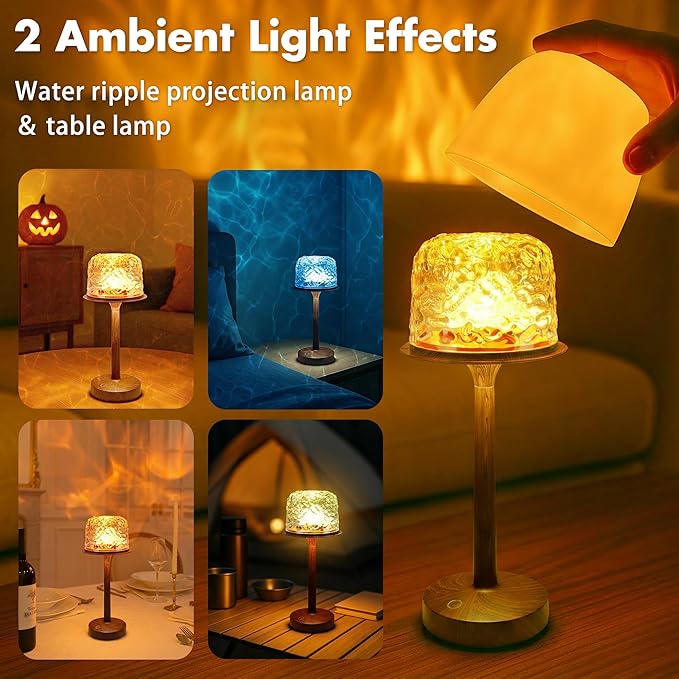 Waterproof Shower Lamp for Inside Shower, Rechargeable Bathroom Lamp with Remote & Touch Control, Cordless Shower Light with 16 Color Changeable, LED Ocean Wave Projector Light for Spa, Walnut Wood