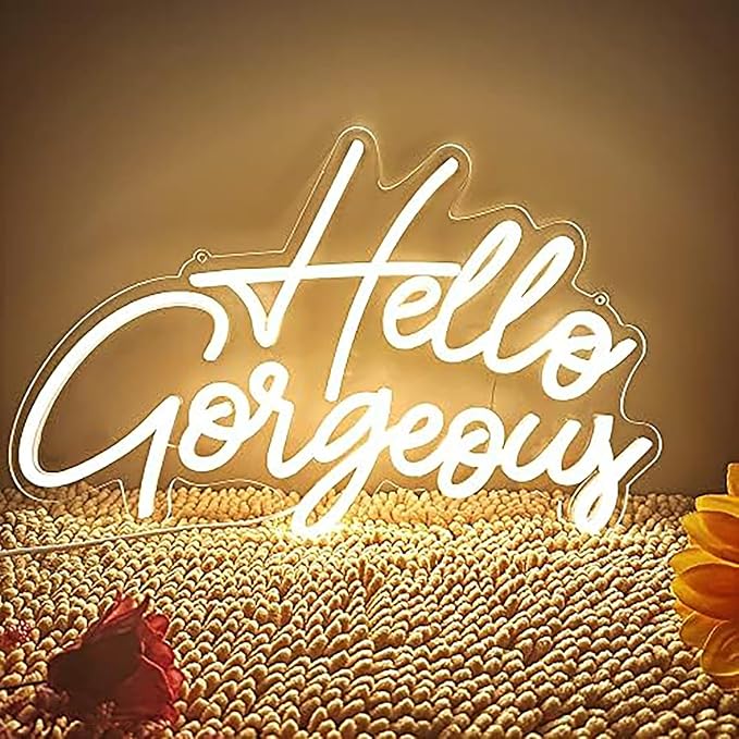 Hello Gorgeous LED Neon Sign Light Up Glow Signs USB Powered for Home Room Wall Birthday Party Wedding Decor Bar Backdrop, Hanging and Dimmable Switch