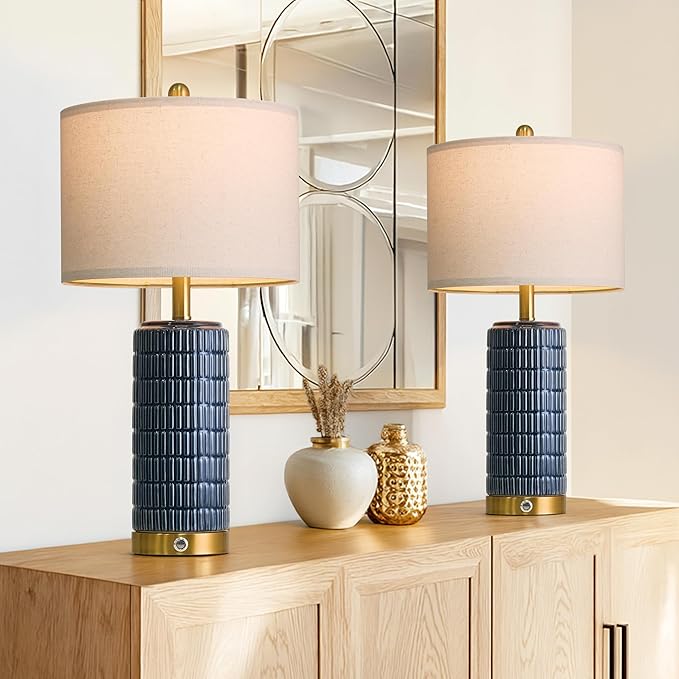 PoKat Touch Bedside Table Lamps with USB Ports for Bedroom, 25'' Dimmable Nightstand Touch Lamps for Living Room, Blue Ceramic Lamps with Gold Base for Night Stands Bedroom, Nursery, Dark Blue