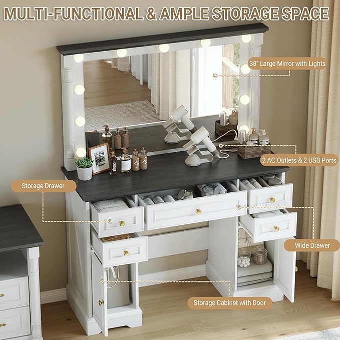 Vanity Desk with 38" Large Mirror and 11 LED Lights, Adults Makeup Vanity with 5 Drawers and 2 Cabinets & Power Outlet and 3 Lighting Modes, Farmhouse Wooden Dressing Table for Bedroom, Antique White