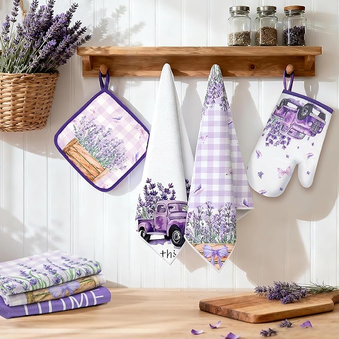 8 Pcs Lavender Spring Kitchen Towels Pot Holders and Oven Mitt Set Kitchen Accessories 4 Dish Towels 2 Absorbent Square Potholders 2 Heat Resistant Glove for Cooking Baking Home Gifting