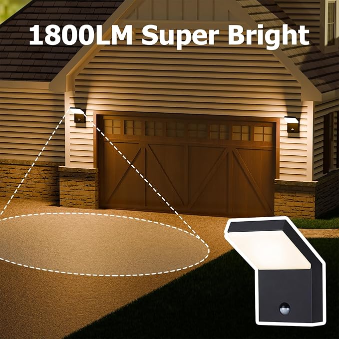 Outdoor Motion Sensor Wall Light Fixture Black LED Porch Light Exterior Wall Mount Sconce IP54 Waterproof for House Garage Front Door Patio,3000K 18W 1800Lumen