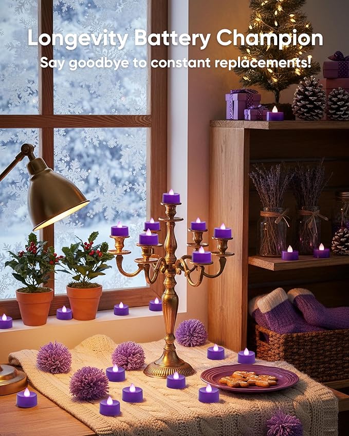 Amagic 30 Pcs Purple Flickering Flameless Tea Lights Battery Operated, 200+ Hours Long Lasting Colored Candles for Wedding, Table Centerpiece, Home Decor, Party, Halloween, Christmas, Proposal