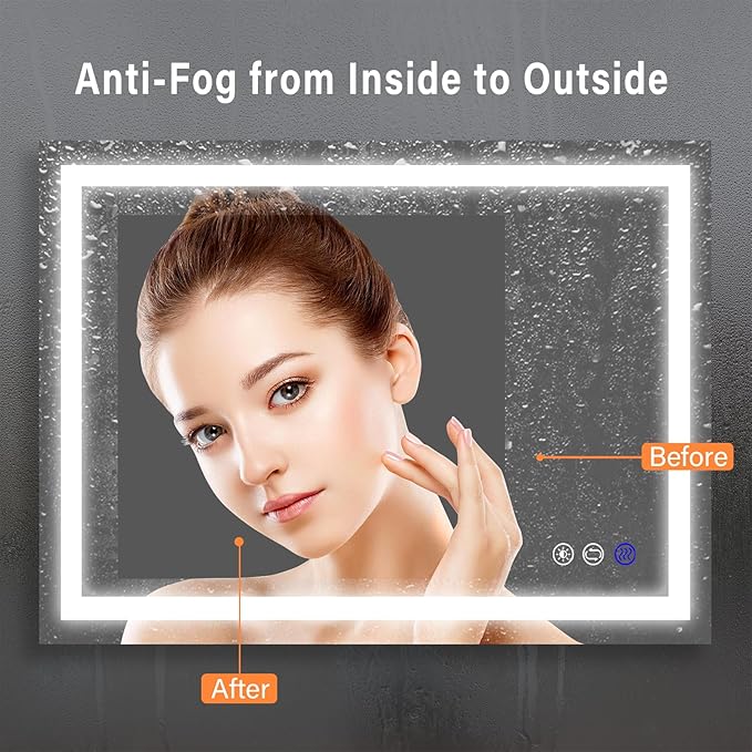 36x28 inch LED Lighted Bathroom Mirror with Anti-Fog, Wall Mounted Vanity Mirror with Smart Touch Button, Memory Function, Adjustable Warm White/Natural/Daylight Lights(Horizontal/Vertical)