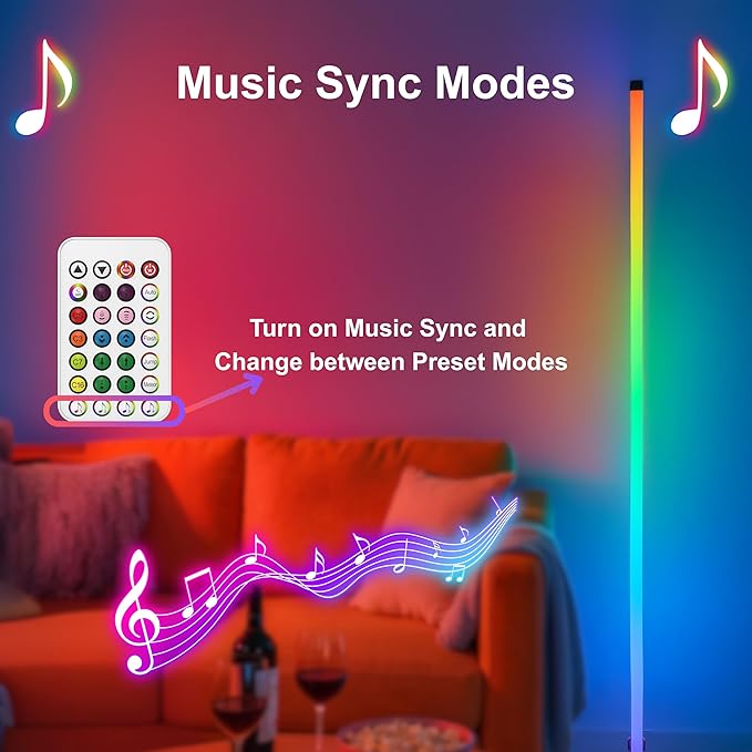 RGBICW LED Corner Floor Lamp 58'' with Music Sync, Remote Control, Color-Changing Ambient Lighting for Living Rooms, Gaming, Home Office (Round Base)