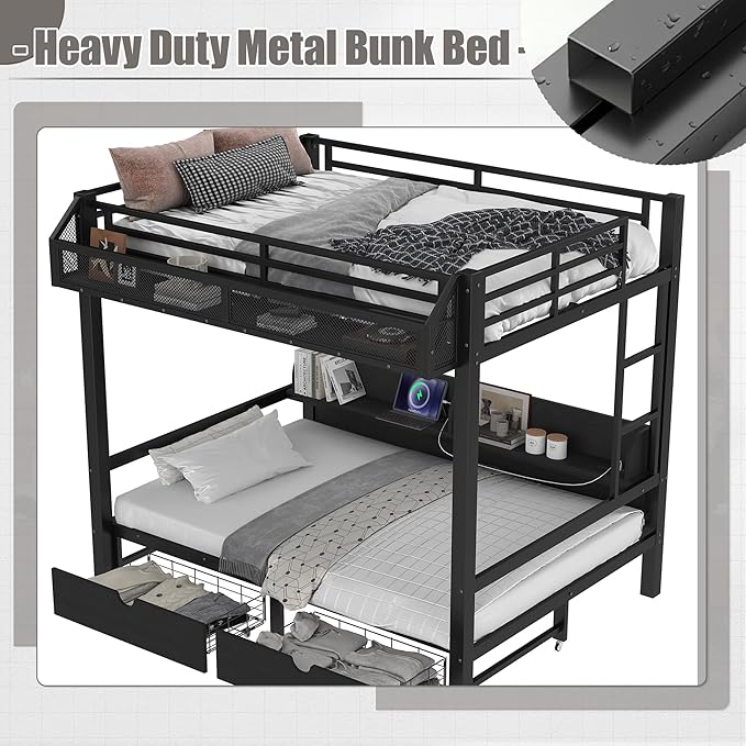 Bellemave Queen Over Queen Metal Bunk Bed with Storage Drawers and Shelves, Heavy Duty Bunk Beds with LED Lights and Charging Station for Kids,Adults,Convertible into a Sofa Bed,Black