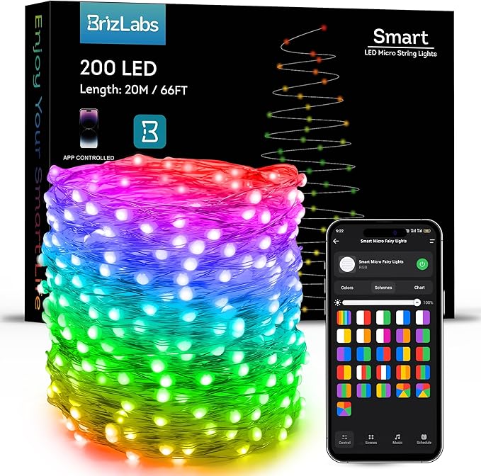 BrizLabs Smart Fairy String Lights, 66ft 200 LED WiFi Easter Fairy Lights App Control, Dimmable Pastel Light Rainbow Christmas Lighting, Music Sync RGB Xmas Lighting Work with Alexa & Google Home