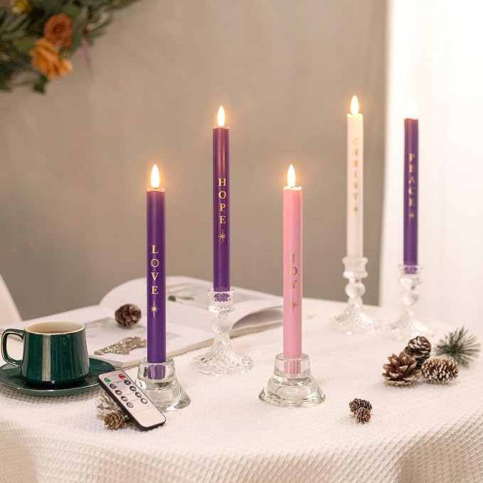Flameless Advent Candles Battery Operated, Advent Candles Set of 5, 10 Inch Tall, Realistic 3D Flames and Remote Control, Electric LED Candle Set for Advent Wreath