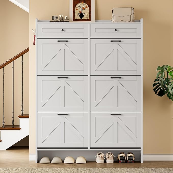 Shoe Cabinet for Entryway, Farmhouse Shoe Storage Cabinet with 6 Flip Drawers and 2 Top Drawers, Tall Narrow Shoe Organizer Cabinet with Adjustable Shelves, Side Hooks and Anti-Tip Kit