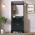 Betoko Hall Tree with Shoes Storage,Farmhouse Corner Coat Rack with 5 Coat Hooks, Wooden Entryway Tree Cabinet with 2 Shoes Cabinets for Hallway Mudroom, Black