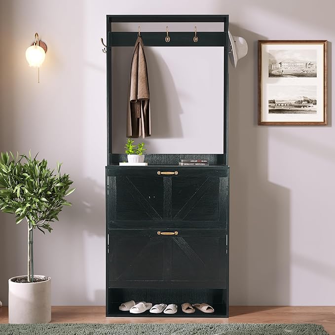 Betoko Hall Tree with Shoes Storage,Farmhouse Corner Coat Rack with 5 Coat Hooks, Wooden Entryway Tree Cabinet with 2 Shoes Cabinets for Hallway Mudroom, Black